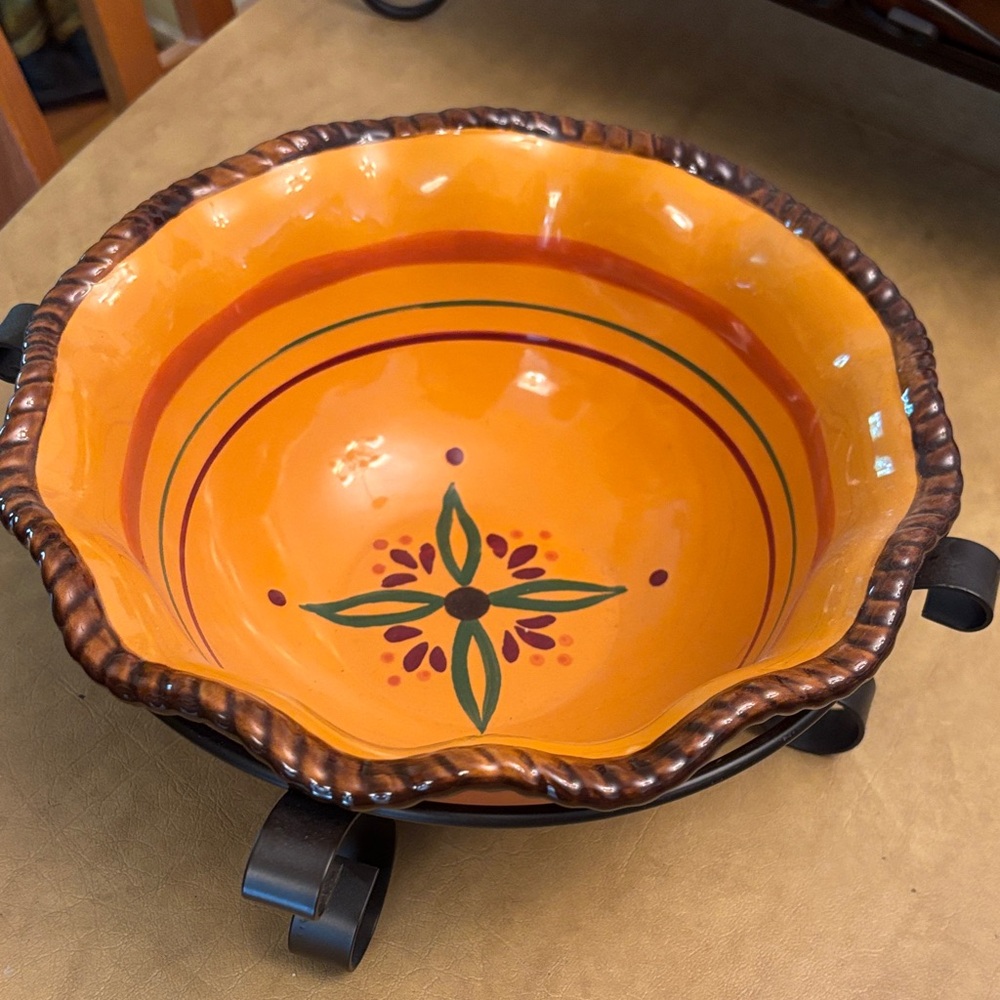 Decorative Orange Ceramic Serving Bowl with Hand-Painted Design